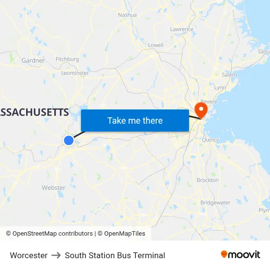 Worcester to South Station Bus Terminal map