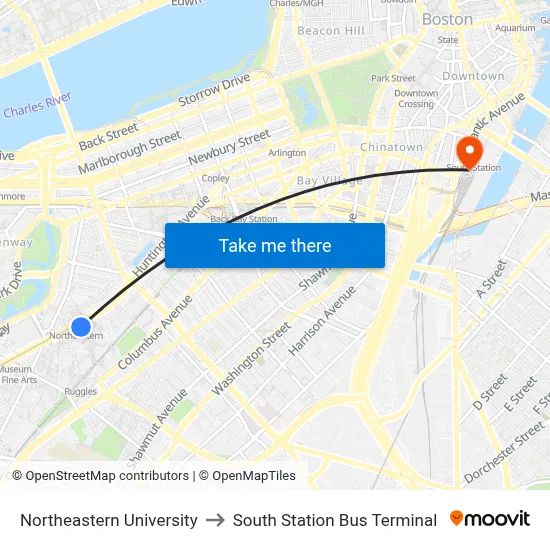 Northeastern University to South Station Bus Terminal map