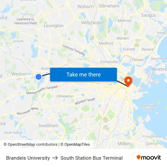 Brandeis University to South Station Bus Terminal map
