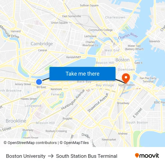 Boston University to South Station Bus Terminal map