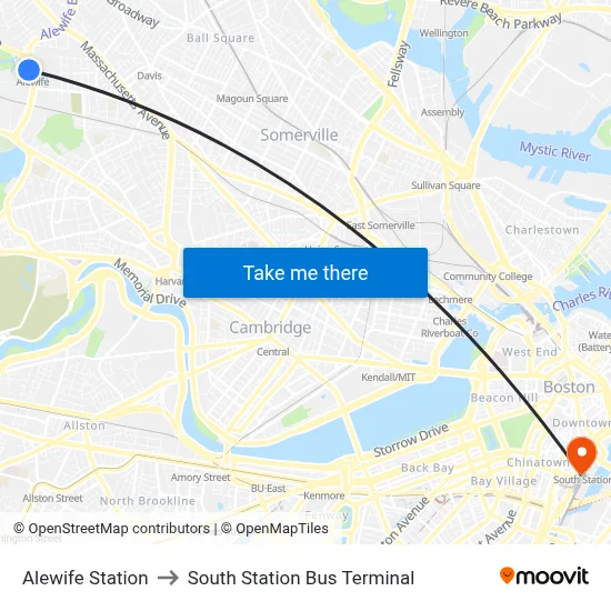 Alewife Station to South Station Bus Terminal map