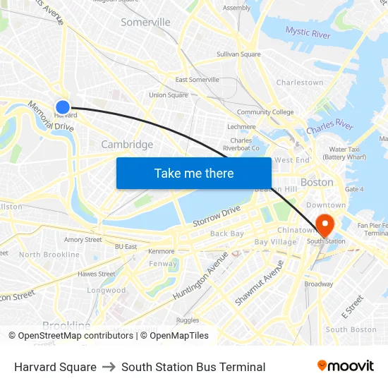 Harvard Square to South Station Bus Terminal map