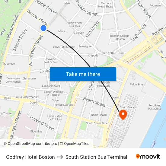Godfrey Hotel Boston to South Station Bus Terminal map