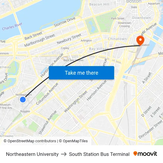 Northeastern University to South Station Bus Terminal map