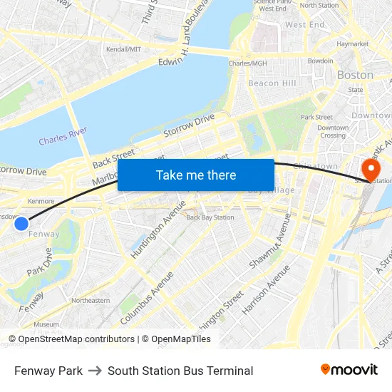Fenway Park to South Station Bus Terminal map