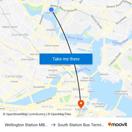 Wellington Station MBTA to South Station Bus Terminal map