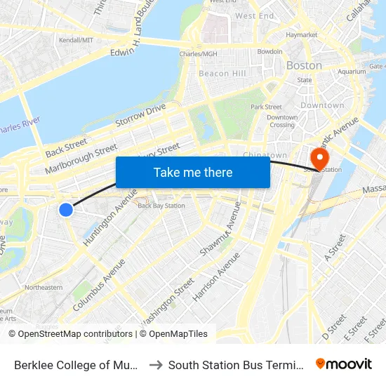 Berklee College of Music to South Station Bus Terminal map