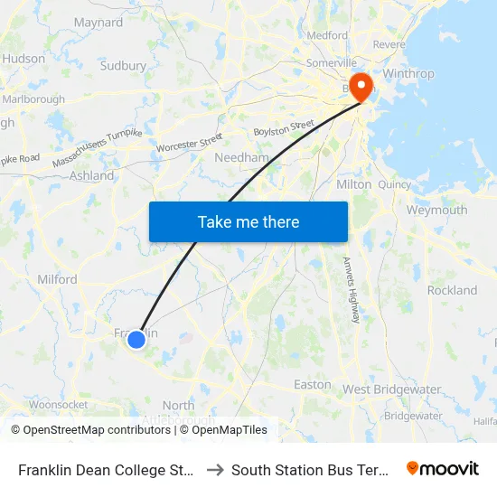 Franklin Dean College Station to South Station Bus Terminal map