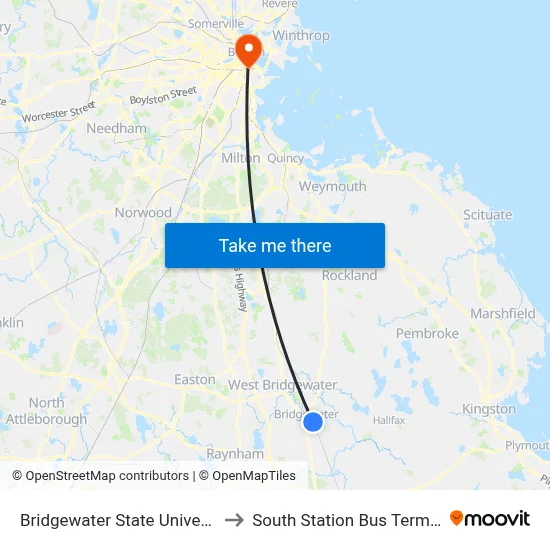 Bridgewater State University to South Station Bus Terminal map