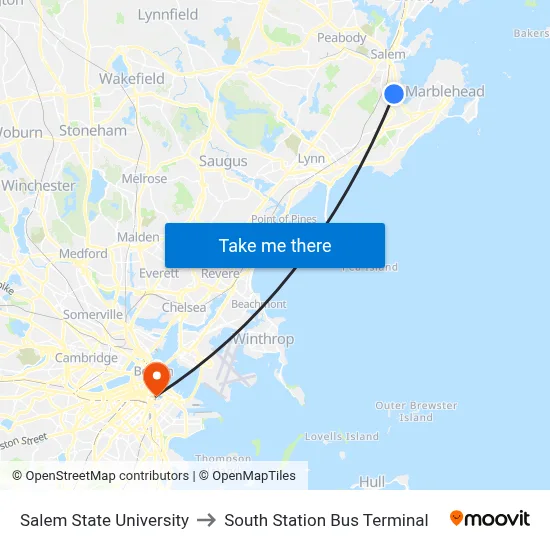 Salem State University to South Station Bus Terminal map