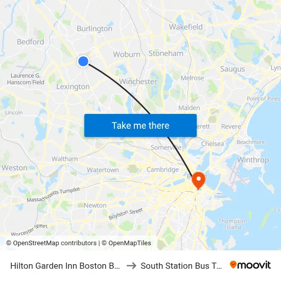 Hilton Garden Inn Boston Burlington to South Station Bus Terminal map