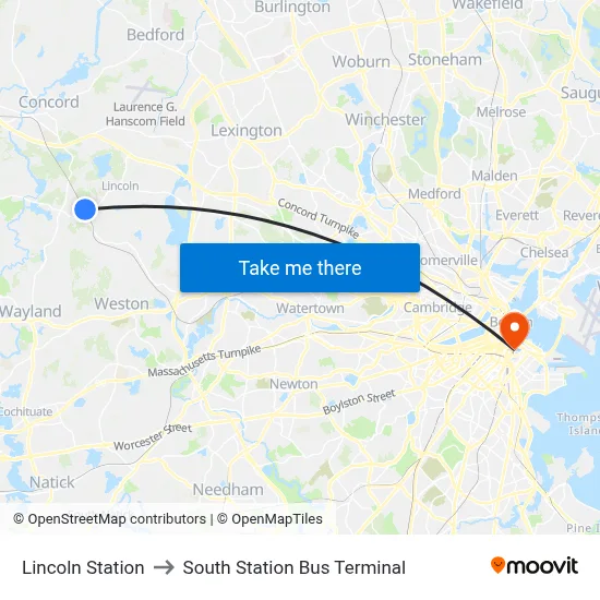 Lincoln Station to South Station Bus Terminal map