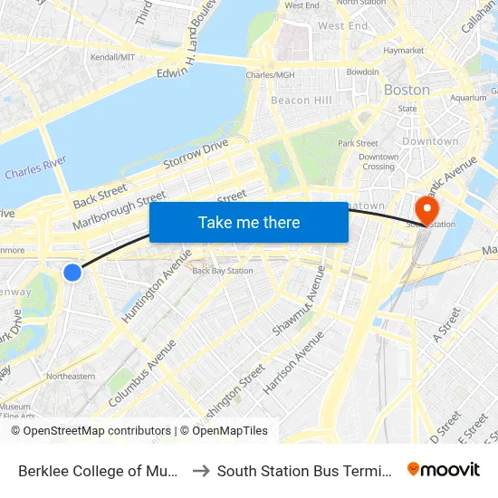 Berklee College of Music to South Station Bus Terminal map