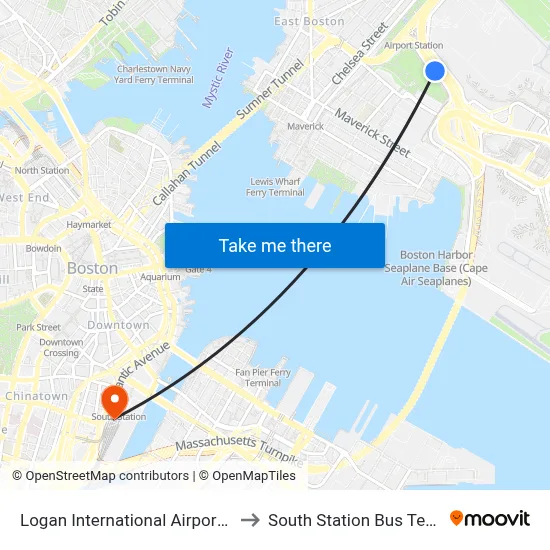 Logan International Airport (BOS) to South Station Bus Terminal map