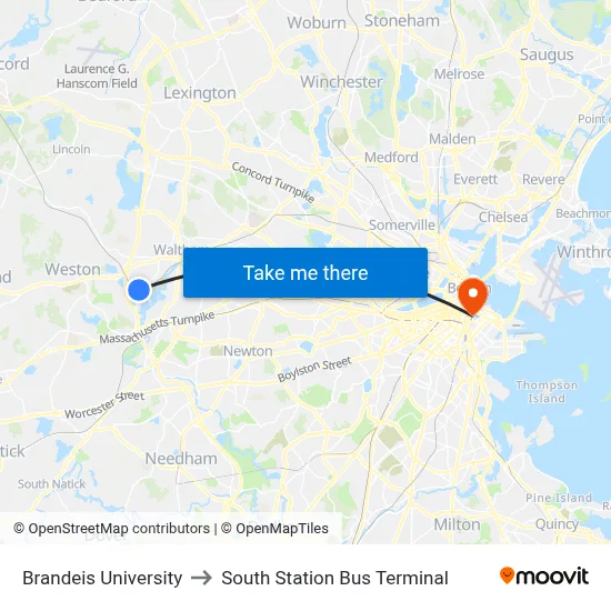 Brandeis University to South Station Bus Terminal map