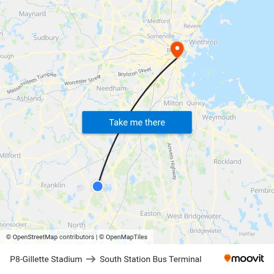 P8-Gillette Stadium to South Station Bus Terminal map