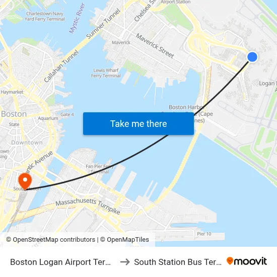 Boston Logan Airport Terminal C to South Station Bus Terminal map