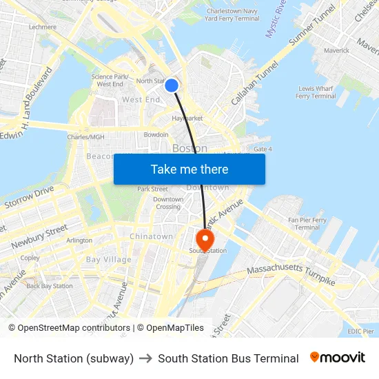 North Station (subway) to South Station Bus Terminal map