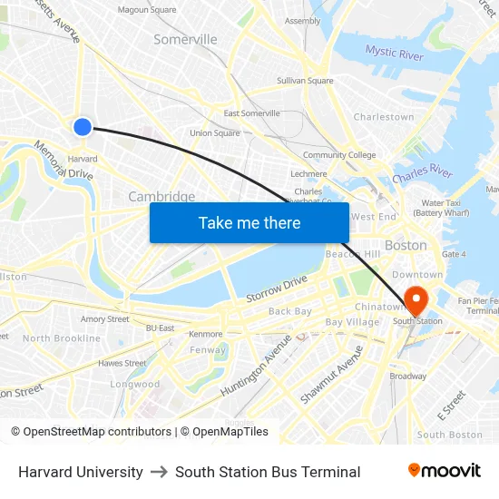 Harvard University to South Station Bus Terminal map