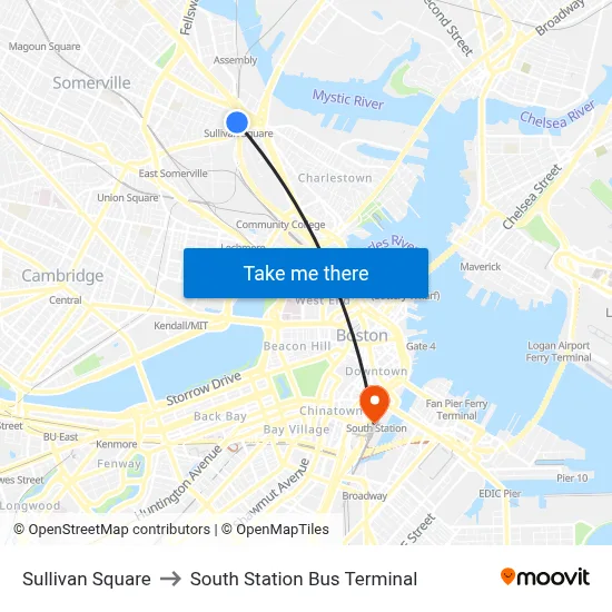 Sullivan Square to South Station Bus Terminal map