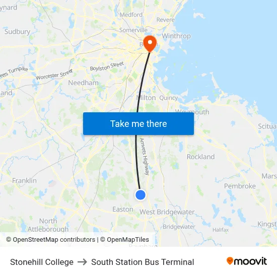 Stonehill College to South Station Bus Terminal map