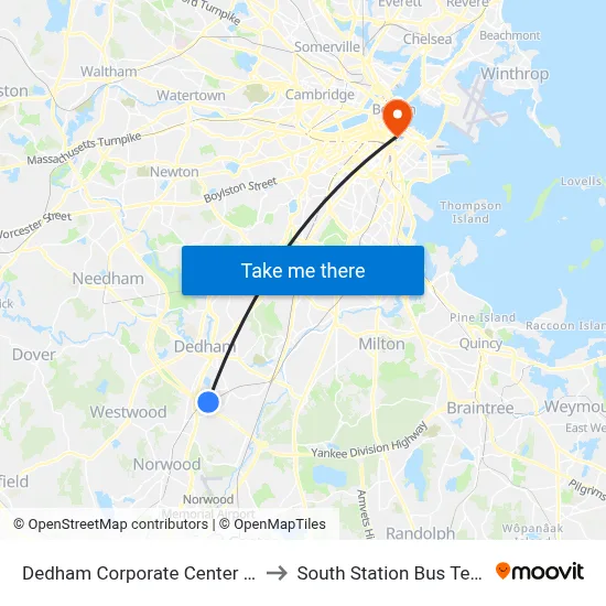 Dedham Corporate Center Station to South Station Bus Terminal map