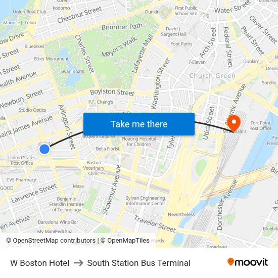 W Boston Hotel to South Station Bus Terminal map