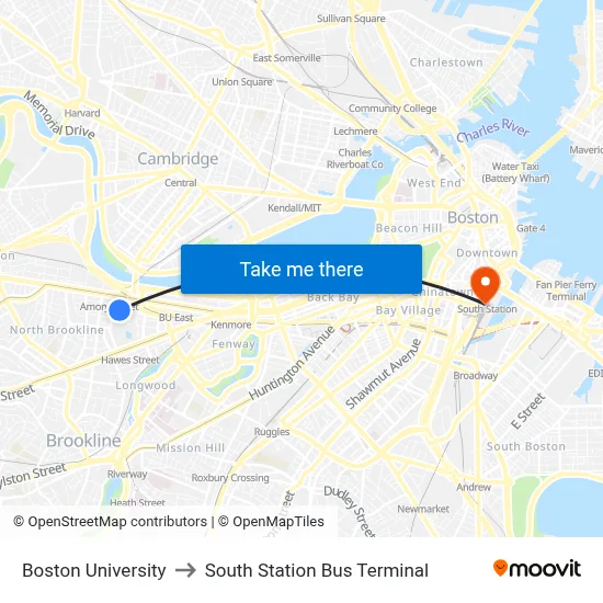 Boston University to South Station Bus Terminal map