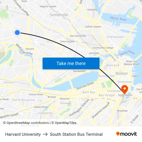 Harvard University to South Station Bus Terminal map