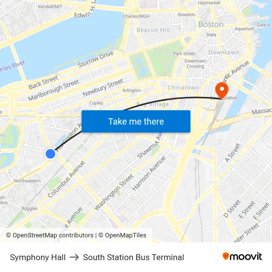 Symphony Hall to South Station Bus Terminal map