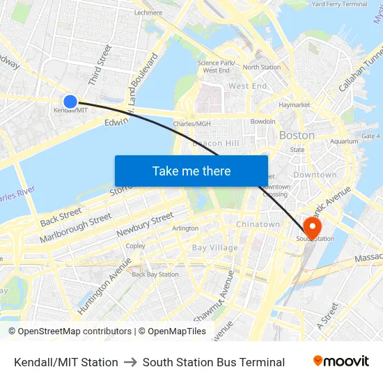 Kendall/MIT Station to South Station Bus Terminal map