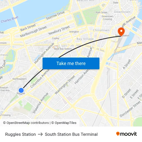 Ruggles Station to South Station Bus Terminal map