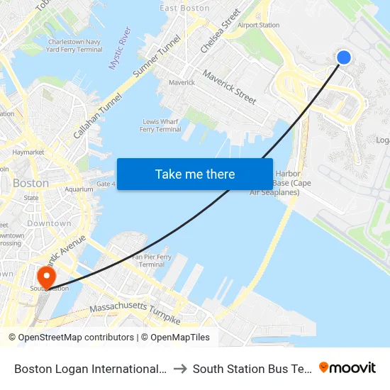 Boston Logan International Airport to South Station Bus Terminal map