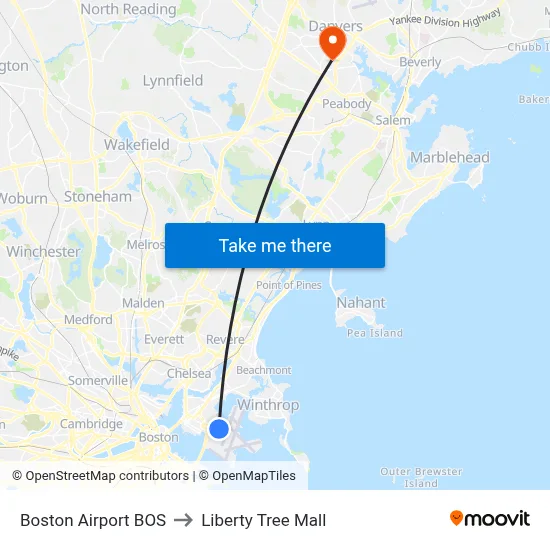 Boston Airport BOS to Liberty Tree Mall map