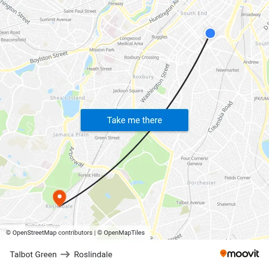 Talbot Green to Roslindale map
