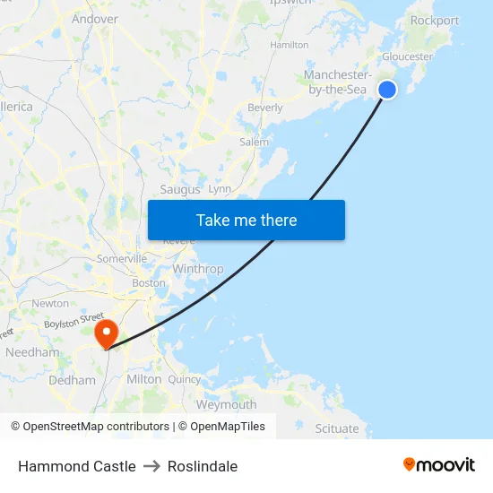 Hammond Castle to Roslindale map