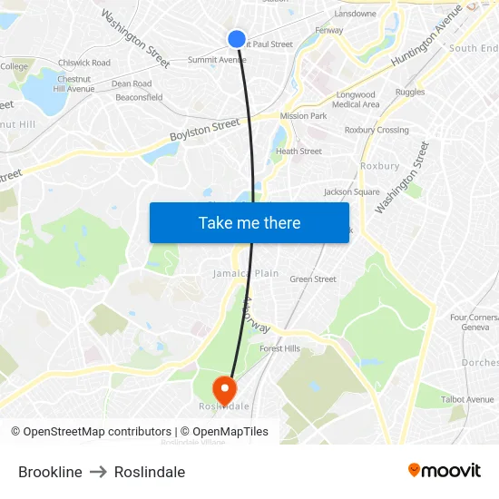 Brookline to Roslindale map