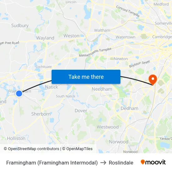 Framingham (Framingham Intermodal) to Roslindale map