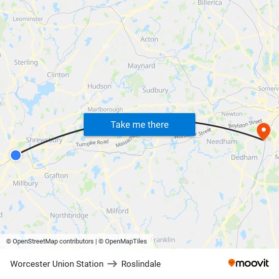 Worcester Union Station to Roslindale map