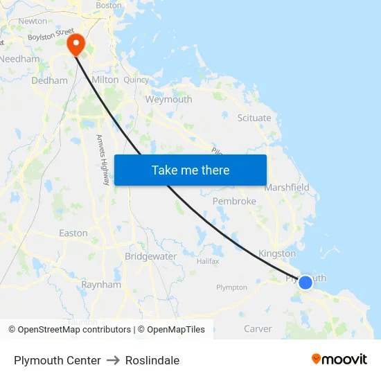 Plymouth Center to Roslindale map