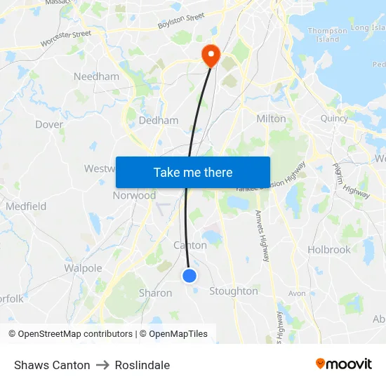 Shaws Canton to Roslindale map