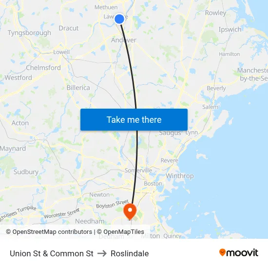 Union St & Common St to Roslindale map