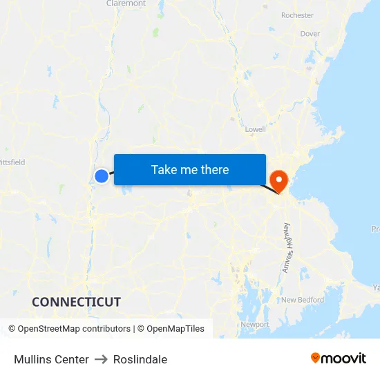 Mullins Center to Roslindale map