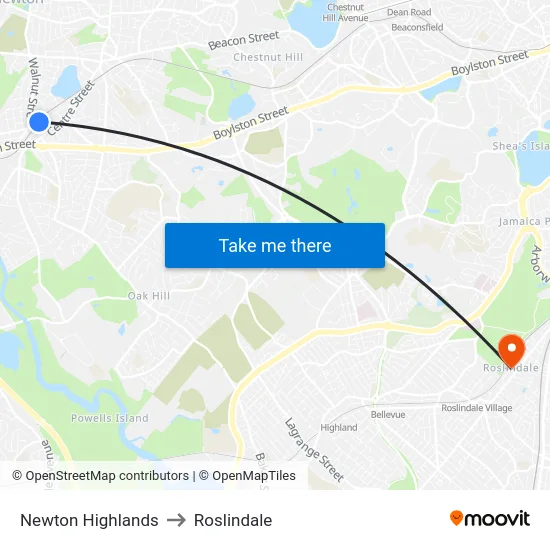 Newton Highlands to Roslindale map