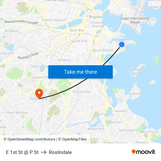E 1st St @ P St to Roslindale map