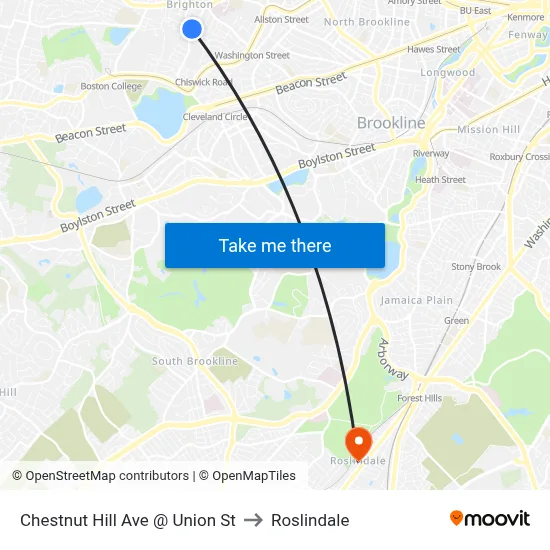 Chestnut Hill Ave @ Union St to Roslindale map