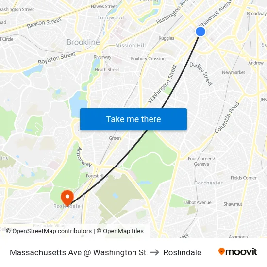 Massachusetts Ave @ Washington St to Roslindale map
