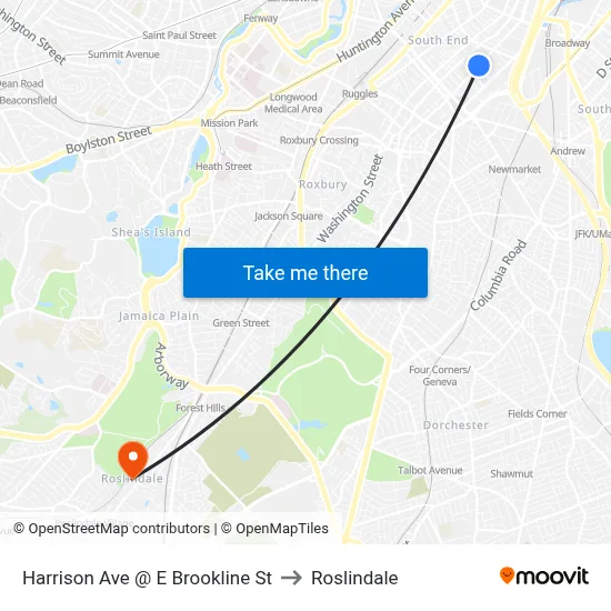Harrison Ave @ E Brookline St to Roslindale map