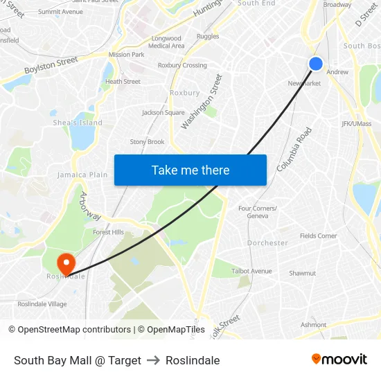 South Bay Mall @ Target to Roslindale map