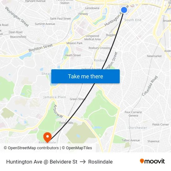 Huntington Ave @ Belvidere St to Roslindale map